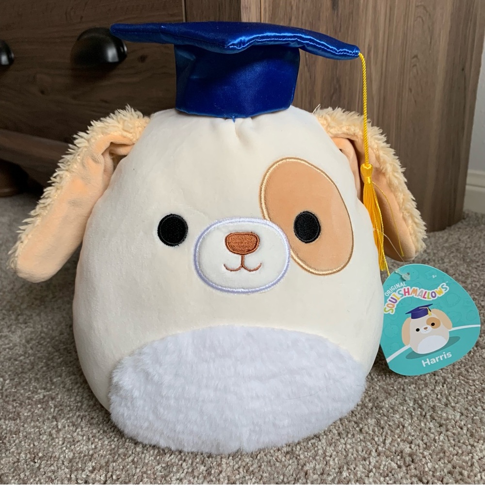 New Squishmallows Harris The Dog Yellow Brown Graduation Graduate 9" Plush NWT